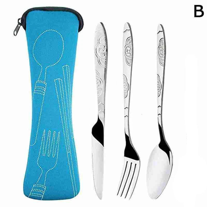 3Pcs Steel Knifes Fork Spoon Set Family Travel Camping Cutlery Eyeful Four-piece Dinnerware Set with Case