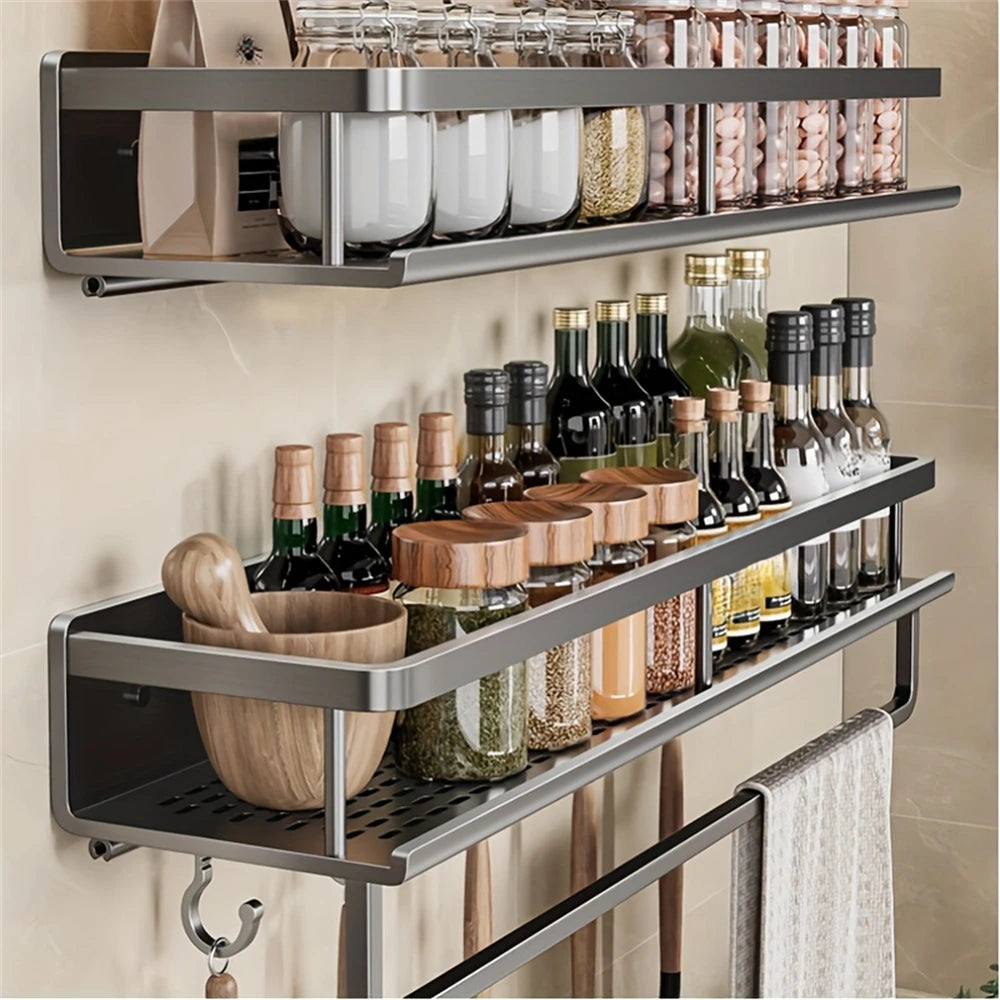 1 Multi-Functional Storage Rack With Rod Seasoning Rack Wall-Mounted Seasoning Storage Rack For Cooking Items