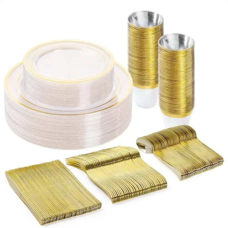 600PCS Plastic Dinnerware Set (100 Guests), Disposable Plates for Party, Wedding, Anniversary, Includes: Dinner Plates