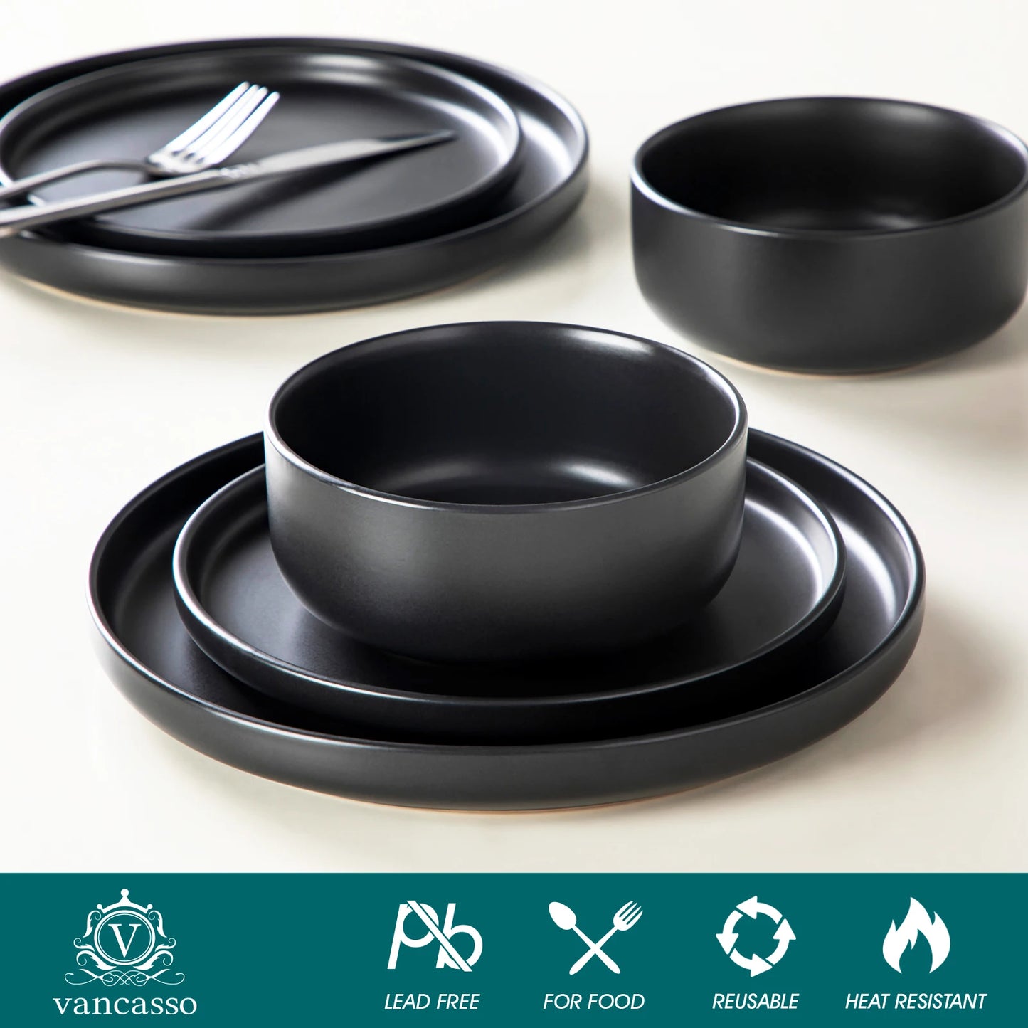 vancasso 18/36 Piece Black Ceramic Plate Sets Stoneware Dinner Set Elegant Dinnerware with 6/12PCS Dinner Plate/Dessert/Bowl