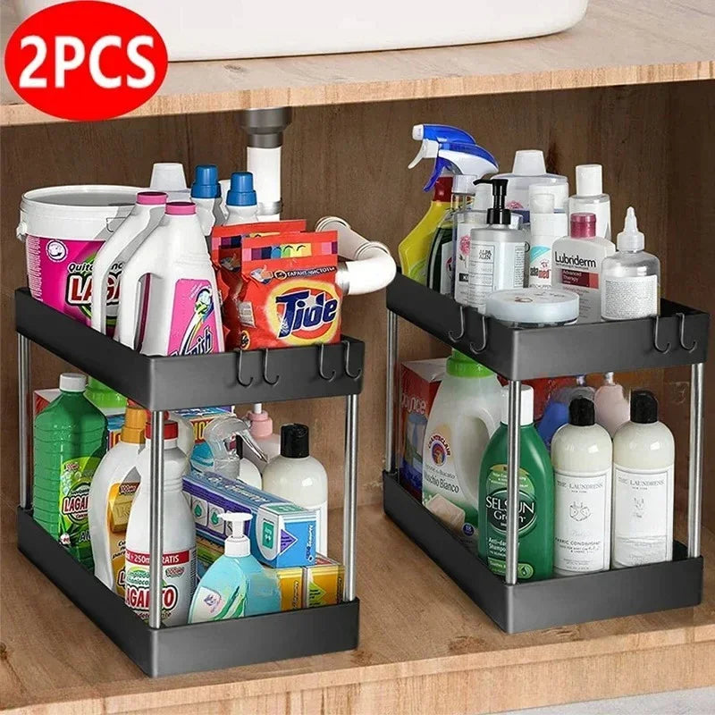 1/2 Pcs Under Sink Storage Organizer 2 Tier Drawer Multipurpose Rack Cabinet Under Sink Storage Rack Bathroom Kitchen Organizer