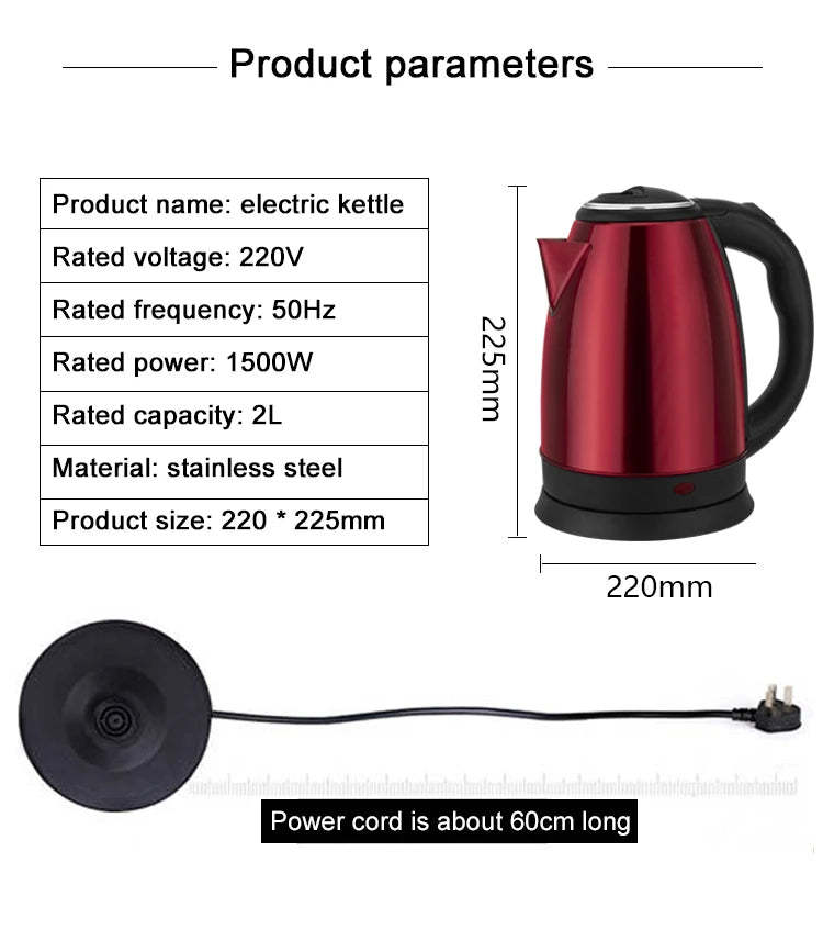 EDTID 2L Stainless Steel Electric Kettle Household Quick Heating Hot Water Boil Kettles Auto Power-off Tea Boiler Teapot EU US