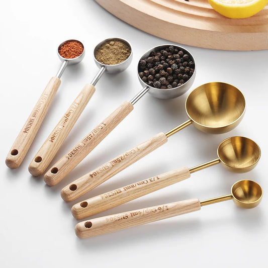 304 Stainless Steel Measuring Cups Spoons Wooden Handle Tea Coffee Measuring Tools Baking Tools Kitchen Accessories