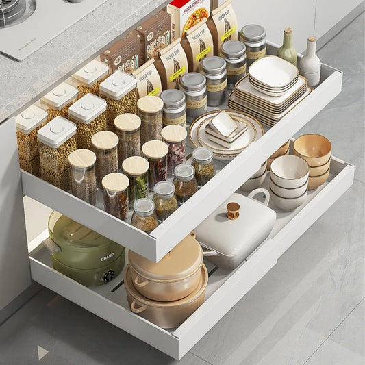 Scalable Pull-out Kitchen Storage Rack with Slide Rails Drawer Type Storage Tray Spice Box Storage Rack Cabinets Organizer