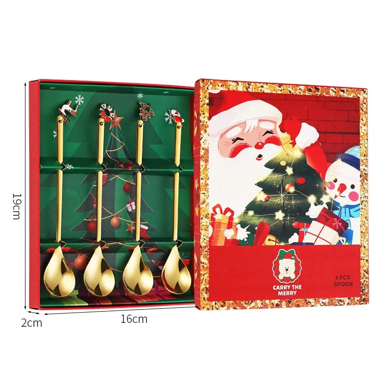 4pcs Christmas Gift Gold Spoon Set Star Elk Christmas Tree Decoration Cutlery Set New Year Home  Kitchen Dessert Coffee Spoon