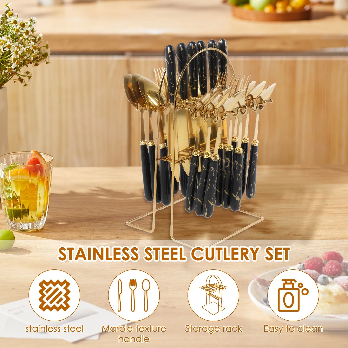 24Pcs Silverware Set with Hanging Holder Stainless Steel Flatware Set Mirror Polished Forks Knives Spoon Tableware Set for Home